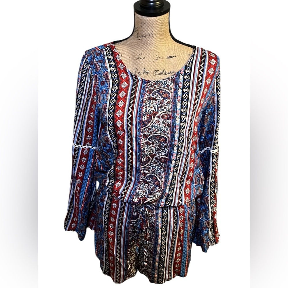 Roper Blue and Red Graphic Long Sleeve Romper with Pockets
